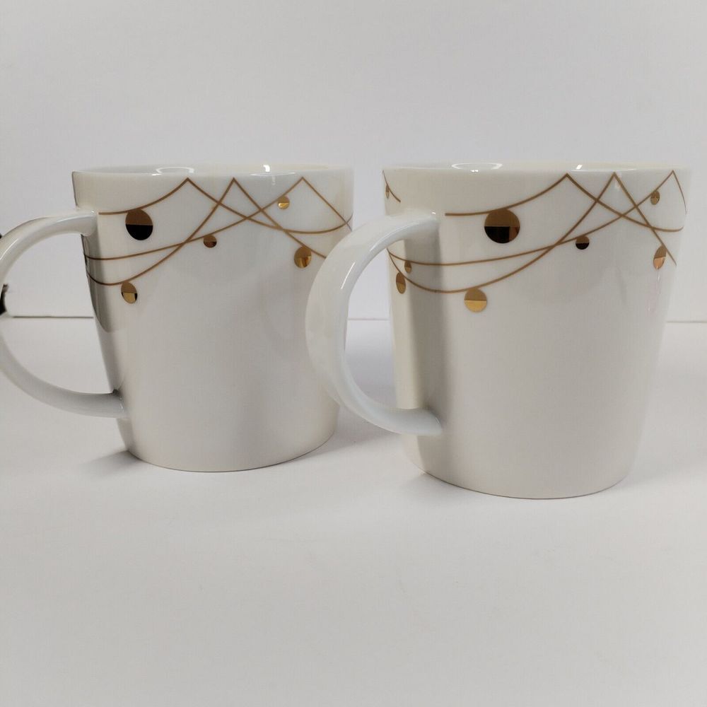 Set Of 2 Starbucks Mug Gold Bone China Christmas Holiday Lights 14 oz Cup Coffee
